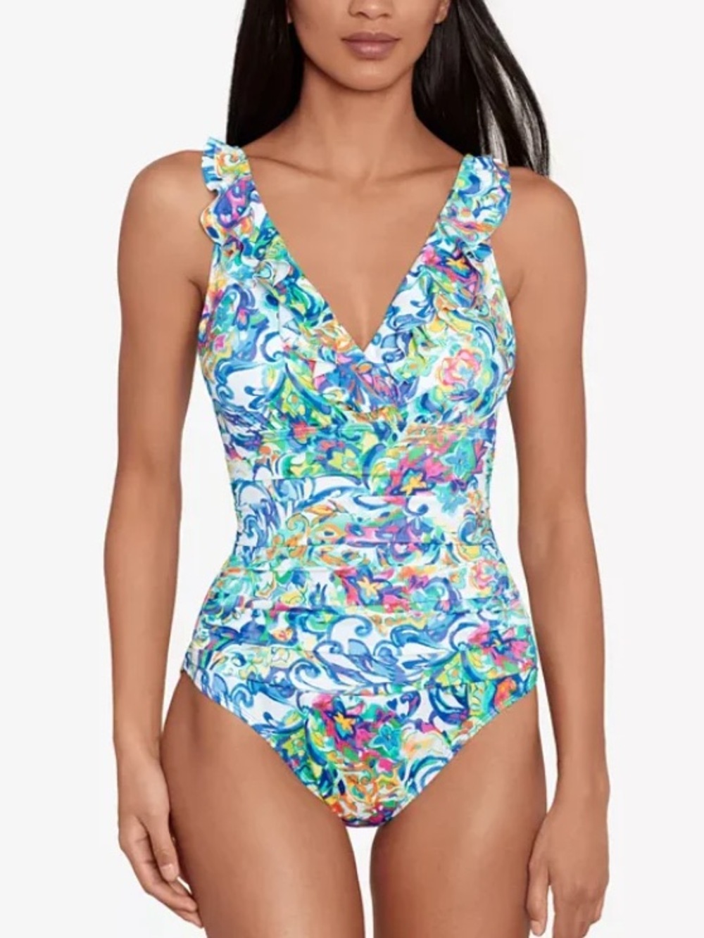 🆕 RALPH LAUREN RUFFLE
SURPLICE UNDERWIRE ONE-PIECE SWIMSUIT PAISLEY FLORAL SZ 10